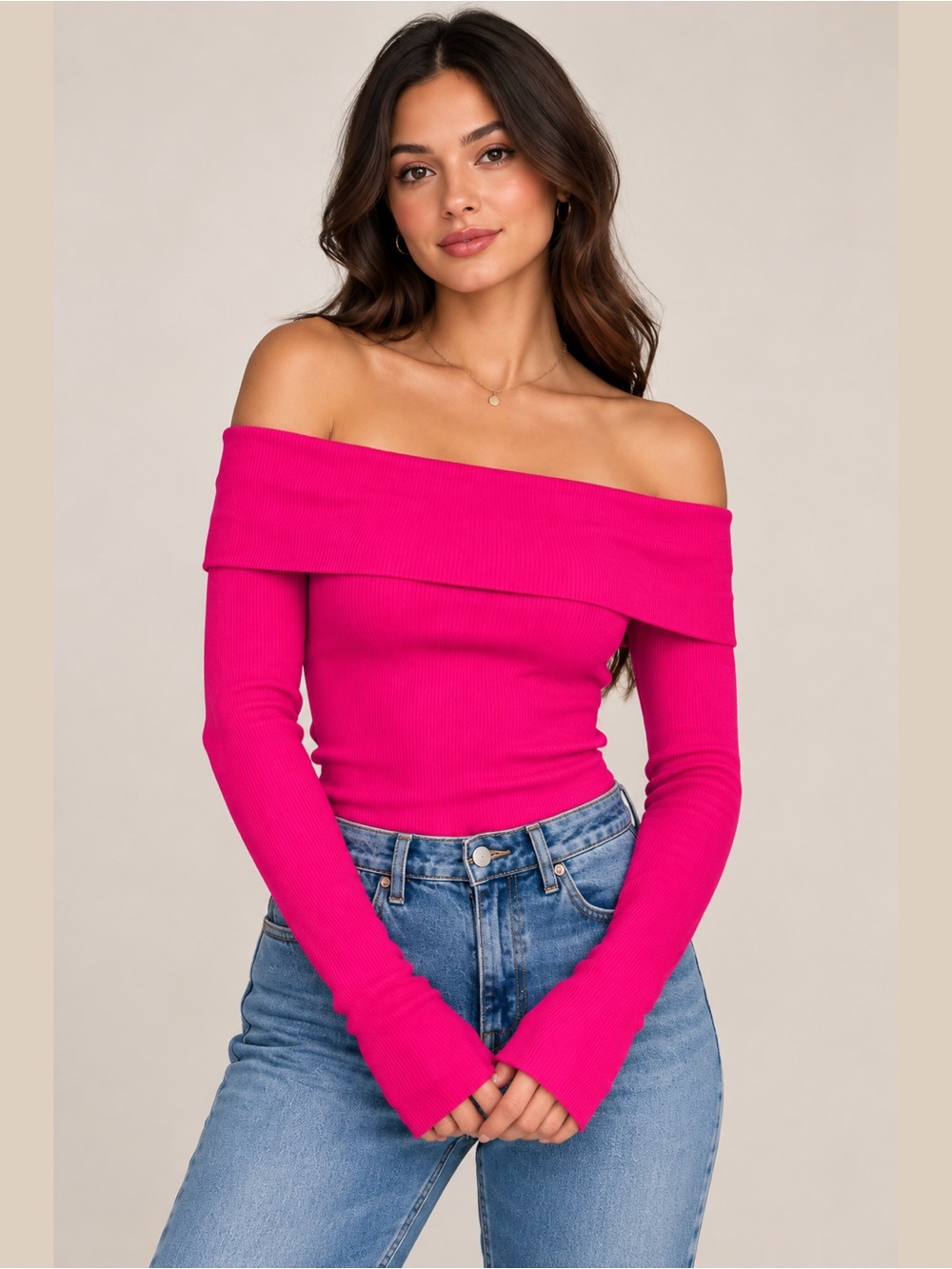 Forever 21 Hot Pink Off Shoulder Ribbed Knit Top Size Small